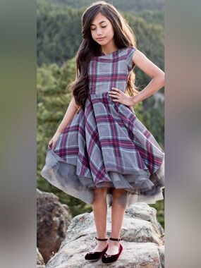 Joyfolie Mia Joy Brenna Dress Gray Maroon plaid High Low Tulle Girls Size 8 NWT